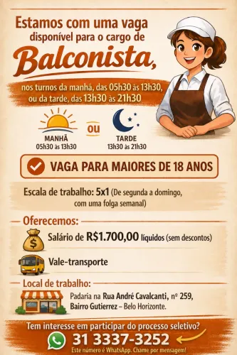 VAGA PARA ATENDENTE EM PADARIA