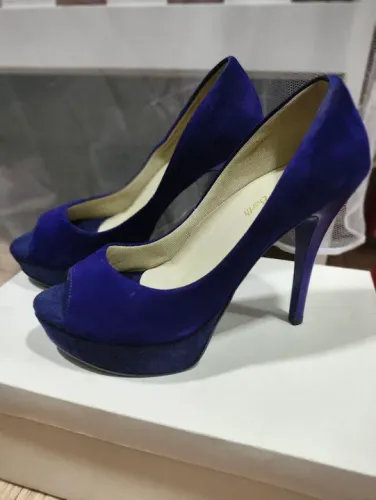 Peep Toe salto alto camurça azul Bic Tam 36