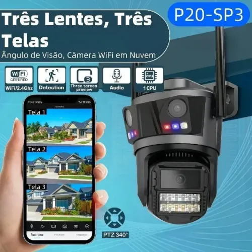 Câmera de Vigilância Wi-Fi P20-SP3 - 3 Lentes, Visão Noturna HD 8MP, Áudio Bidirecional