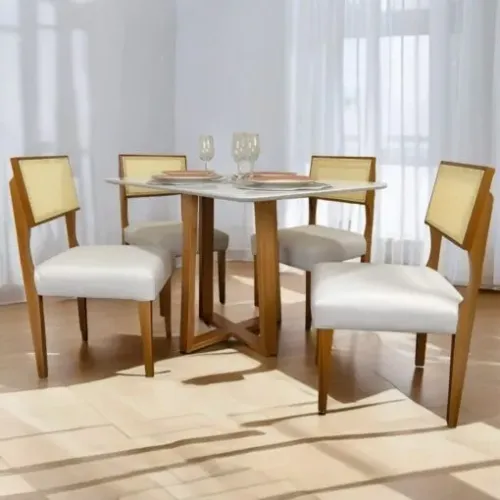 Mesa Bali 120 Cinamono/Off White com 4 Cadeiras Grécia Linho Bege
