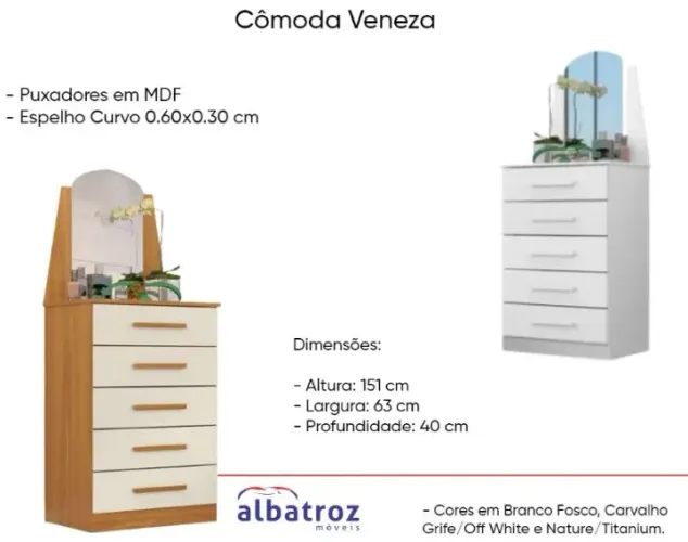 Cômoda Veneza com Espelho Curvo - 3 cores disponíveis