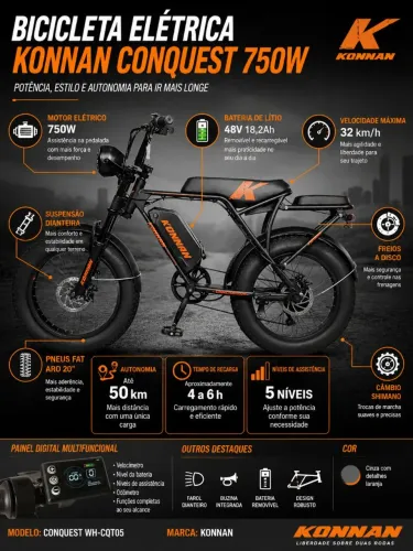 Bicicleta Elétrica Konnan Conquest 750W - Potência, Estilo e Autonomia