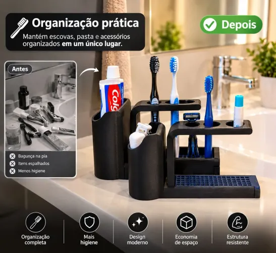 Organizador Porta Escova e Pasta Dentes Suporte Banheiro