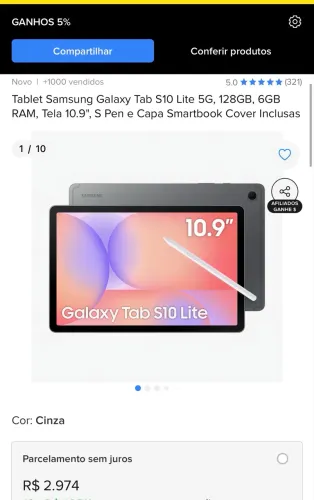 Tablet Samsung S10 lite 128g ( LACRADO COM NOTA)