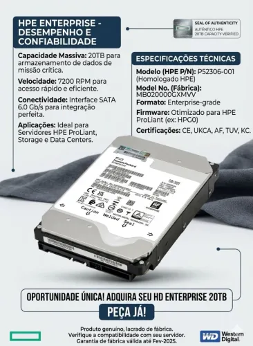 HD Server 20TB HPE Western Digital Enterprise SATA3 7200RPM Novo