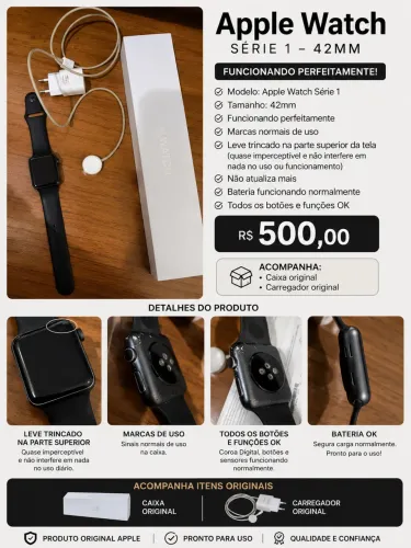Apple Watch Série 1 42mm Original + Caixa e Carregador - R$ 500