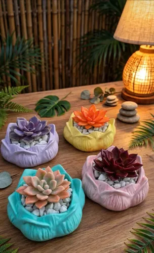 Vaso Flor de Lótus + Suculenta RARA Colorida - Escolha Sua Cor