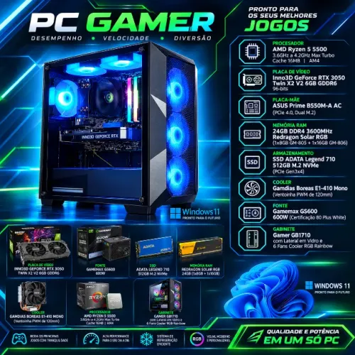 Pc Gamer Rtx 3050 + Ryzen 5 5500 | 24gb Ram 3600mhz NVMe M.2 Adata Legend 710 512 Gb