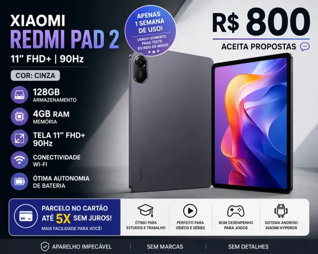 Título Tablet Xiaomi Redmi Pad 2 11? 128GB 4GB RAM - R$ 800