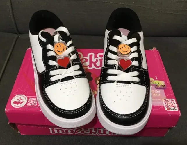 Tênis Infantil Molekinha Original para Menina Napa Turim Branco e Preto - tamanho 31