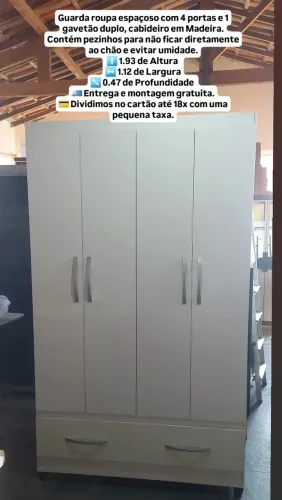 Entrega e montagem gratuita, guarda roupa espaçoso com 4 portas e 1 gavetão duplo.