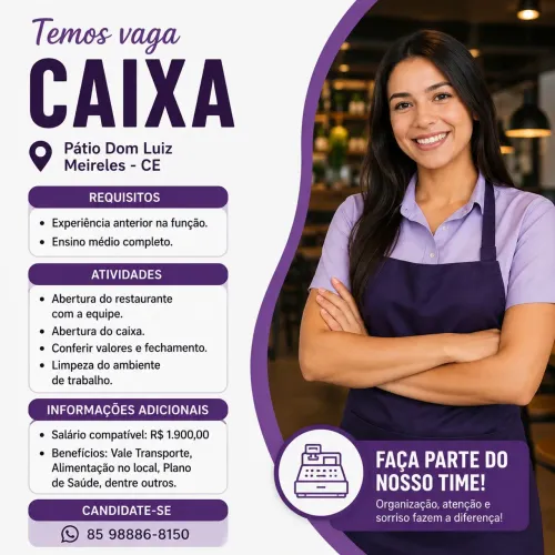 Vagas Caixa, Atendente, Cozinheiro Pátio Dom Luiz
