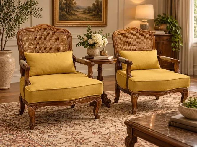 PAR DE POLTRONAS MODELO LUÍS XV EM MADEIRA E PALHINHA - ESTOFADO NOVO