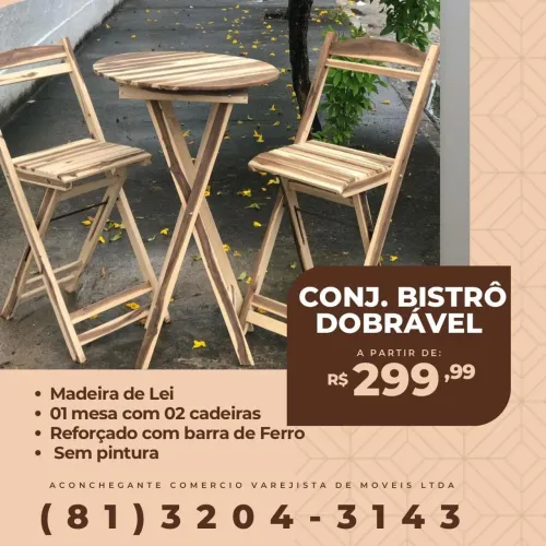 Conjunto Bistrô Dobrável + 2 Cadeiras de Madeira - R$299,99 Promoção