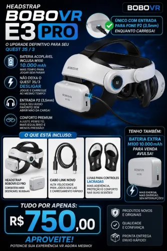 Bobo VR E3 PRO headset para Meta Quest 3/3s com bateria acoplável de 10.000. Permite fone!