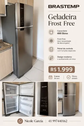 Geladeira - Brastemp, inox, 400 litros