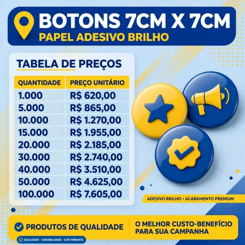 Botons 7x7cm Papel Adesivo Brilho - Alta Qualidade para sua Campanha