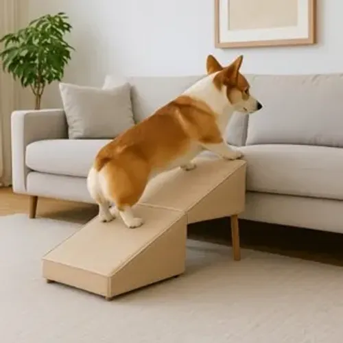 Rampa Pet Puff Móvel Multifuncional 2 em 1 Puff Tecido Bege Cinza Para Cachorro Gato