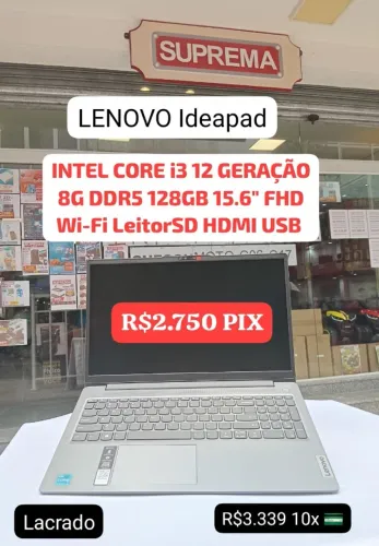 NOTEBOOK i3 12 geração 8GB DDR5 128GB ARMA 15.6" LENOVO LACARDO
