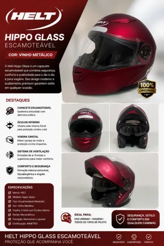 Capacete HELT Hippo Glass Escamoteável - Vinho Metálico