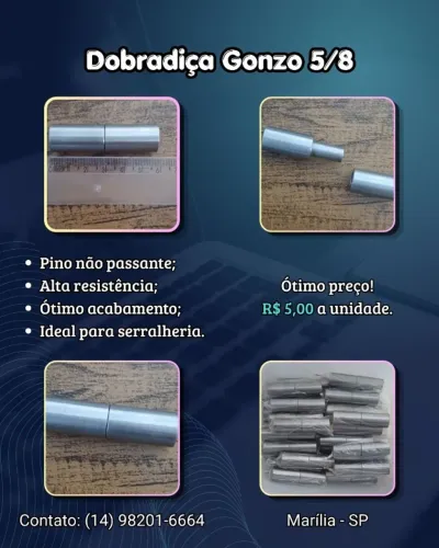 Dobradiça Gonzo 5/8 com Pino Não Passante - Alta Resistência para Serralheria
