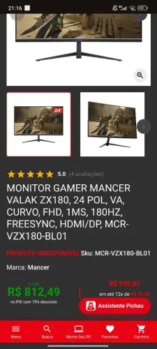 Monitor Gamer Mancer Valak 24" 180Hz Curvo
