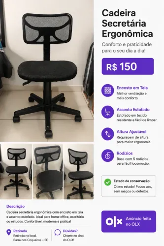 Cadeira Secretária Ergonômica sem Braço com Regulagem de Altura