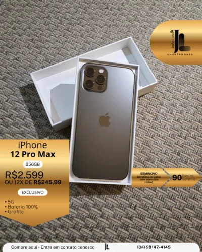 IPHONE 12 PRO MAX, 256GB, GRAFITE, BAT 100%, SEMINOVO, EXCLUSIVO!