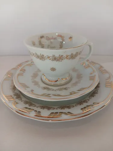 Trio de Chá / Conjunto Comemorativo Bodas de Ouro em Porcelana Schmidt Gold (4 Peças