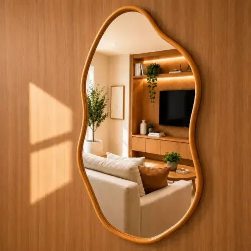 Espelho Design Moderno 70x50cm Decorativo De Parede Couro Reforçado Banheiro Penteadeira