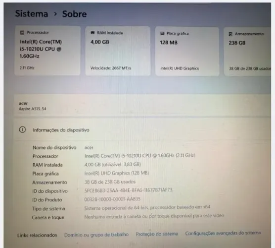 Notebook Acer Aspire 5 A515-54 - i5 10ª Geração | SSD 256GB | Tela Full HD