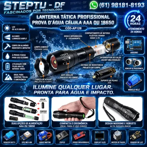 Lanterna Tatica Profissional Prova Dágua Célula aaa Ou 18650 Arduino Automação COD-AP128