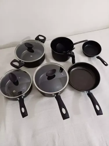Jogo de Panelas Kit 9 Pçs Antiaderente Tampa Vidro Teflon
