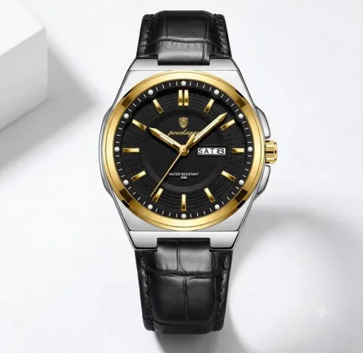 Relógio de Pulso Premium Lindo Poedagar Gold Black 896 Pulseira em Couro Preto Estiloso