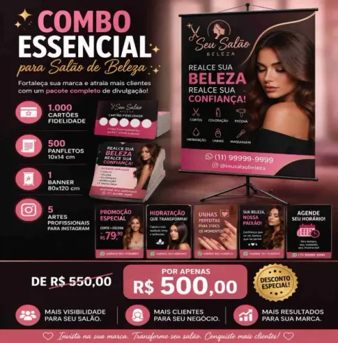 Combo  salão de beleza: 5000 panfletos + 1000 cartões fidelidade +  1 banner + 5  artes