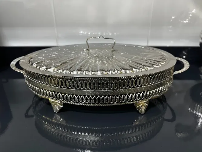 Porta Bandeja Oval Prateada Decorativa