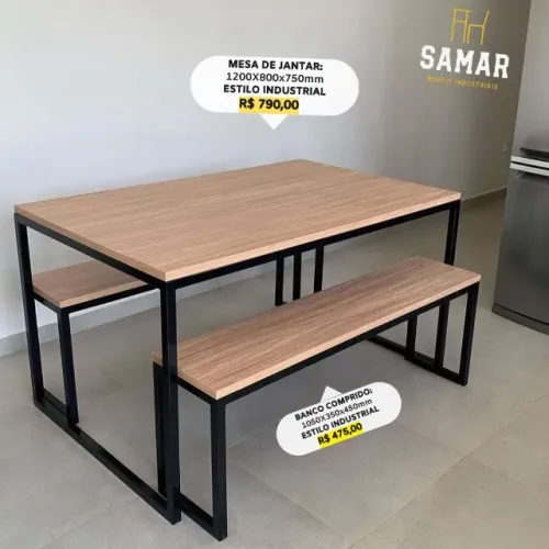 Mesa + Banco Estilo Industrial em Ferro e Madeira