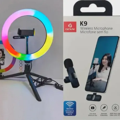 PROMOÇÃO KIT 1 Microfone Lapela S/Fio + Ring Light RGB 6 Polegadas C/tripé (NOVO)