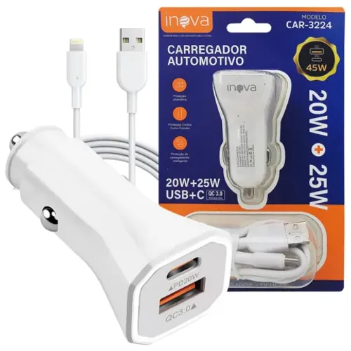 Carregador Veicular Turbo 45W Cabo De Iphone Inova CAR-3224A