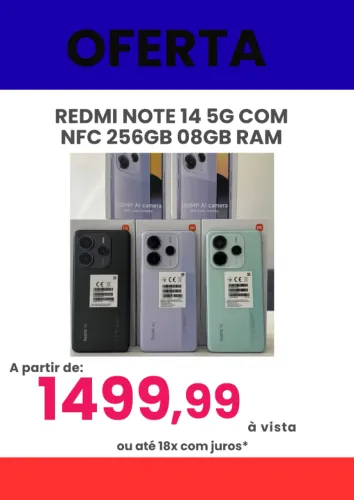 Smartphone Note 14 5G Global 256GB 8GB RAM Dual SIM Preto Verde Roxo Lacrado Entregamos