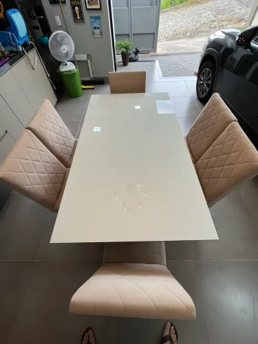 Mesa tampão vidro canto reto 6 cadeiras