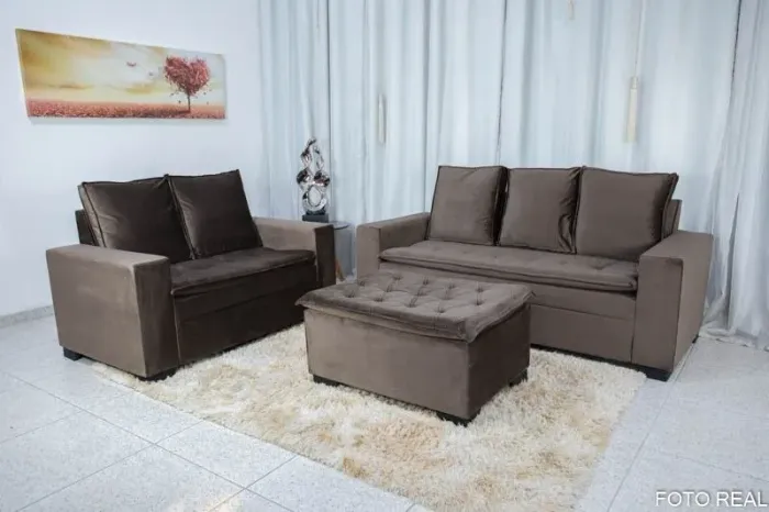 Conjunto de Sofás 2 e 3 Lugares com Puff Veludo Marrom