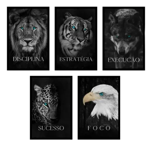 Kit 5 Quadros: Disciplina, Foco, Sucesso, Estratégia, Execução.