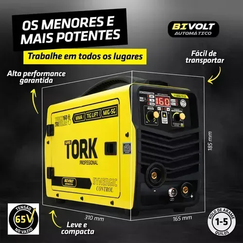 COMBO TORK INVERSORA MULTIPROCESSO 160 AMP C/MASCARA E TOCHA 220V-Tork