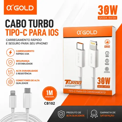 Cabo Turbo USB-C Para Lightning 30W 1M A'Gold CB102