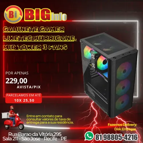 Gabinete Gamer Liketec Hurricane, Mid Tower, ATX, Frontal Mesh, Lateral em Vidro Temperado