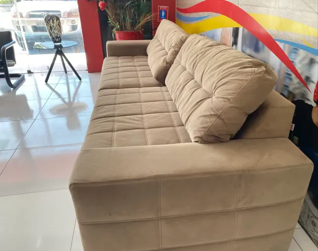 Sofá Retrátil Grande Suede Bege 4 Lugares - Ótimo Estado