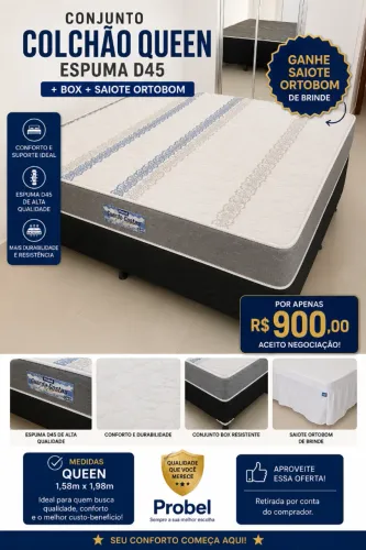 Conjunto Colchão Casal Queen Espuma D45 + Box + Saiote Ortobom