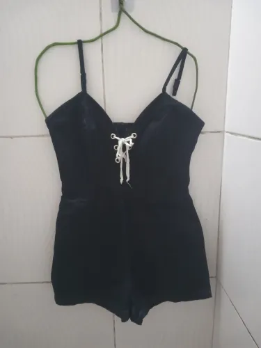 Macaquinho Curto Jeans Azul Escuro Feminina N;40
