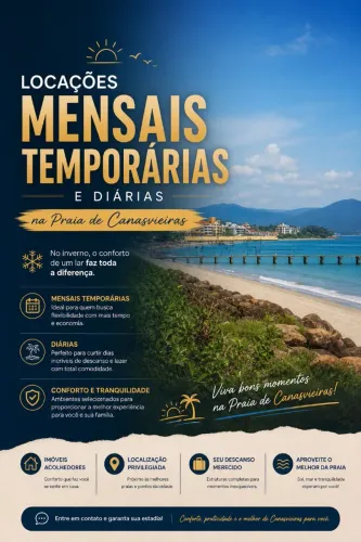 Imóveis Mensais Temporários e por Diárias na praia de Canasvieiras 